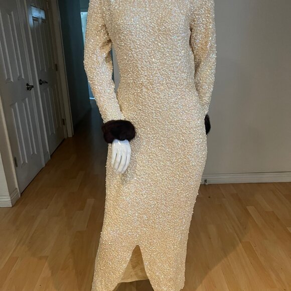 50'S VINTAGE GENE SHELLY'S BOUTIQUE SEQUIN MINK TRIM GOWN SIZE 14 - Picture 2 of 8